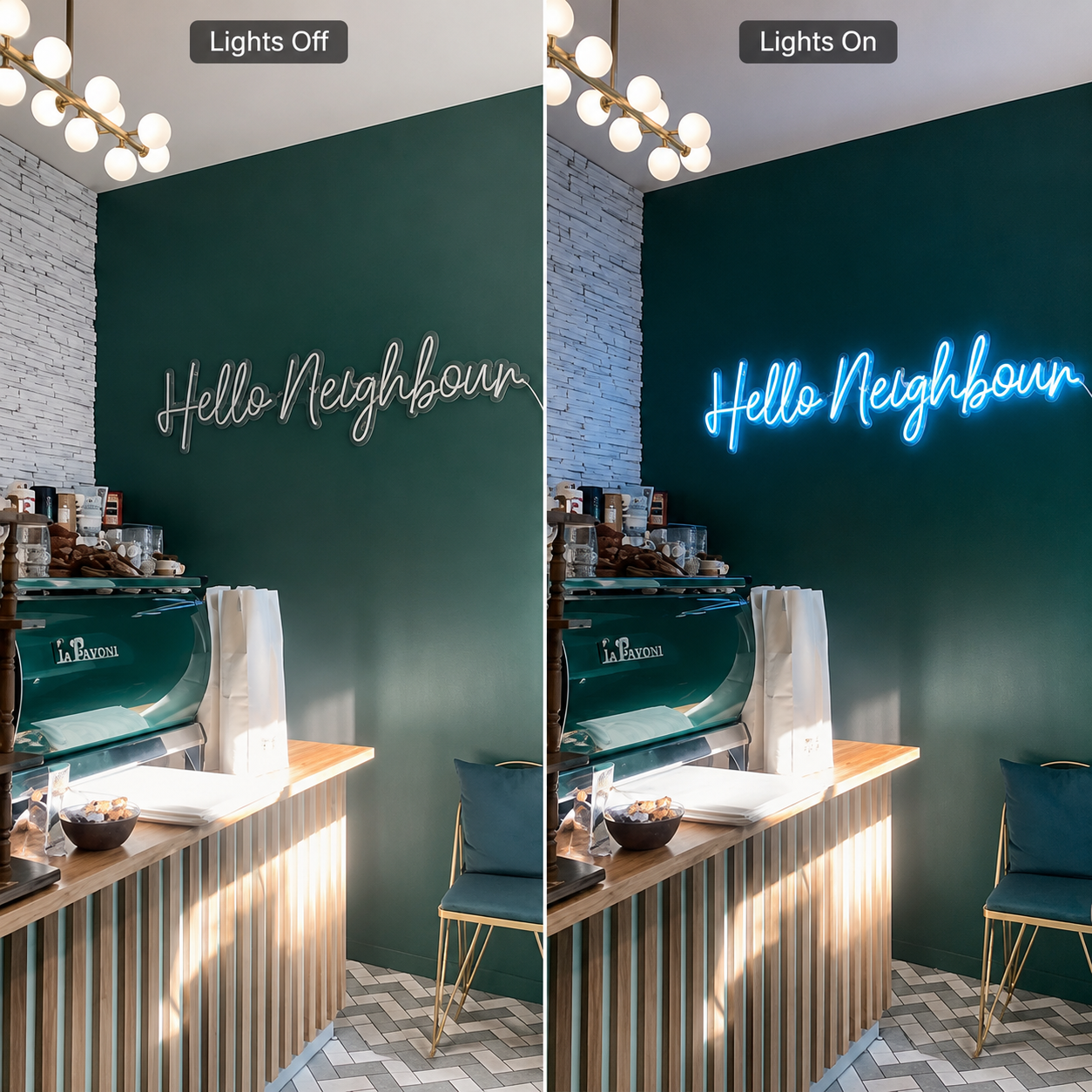 Hello Neighbours LED Neon Sign - 06 Day Night Comparison