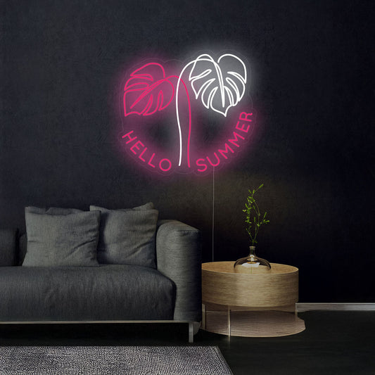 Hello Summer Monstera Leaves Neon Sign