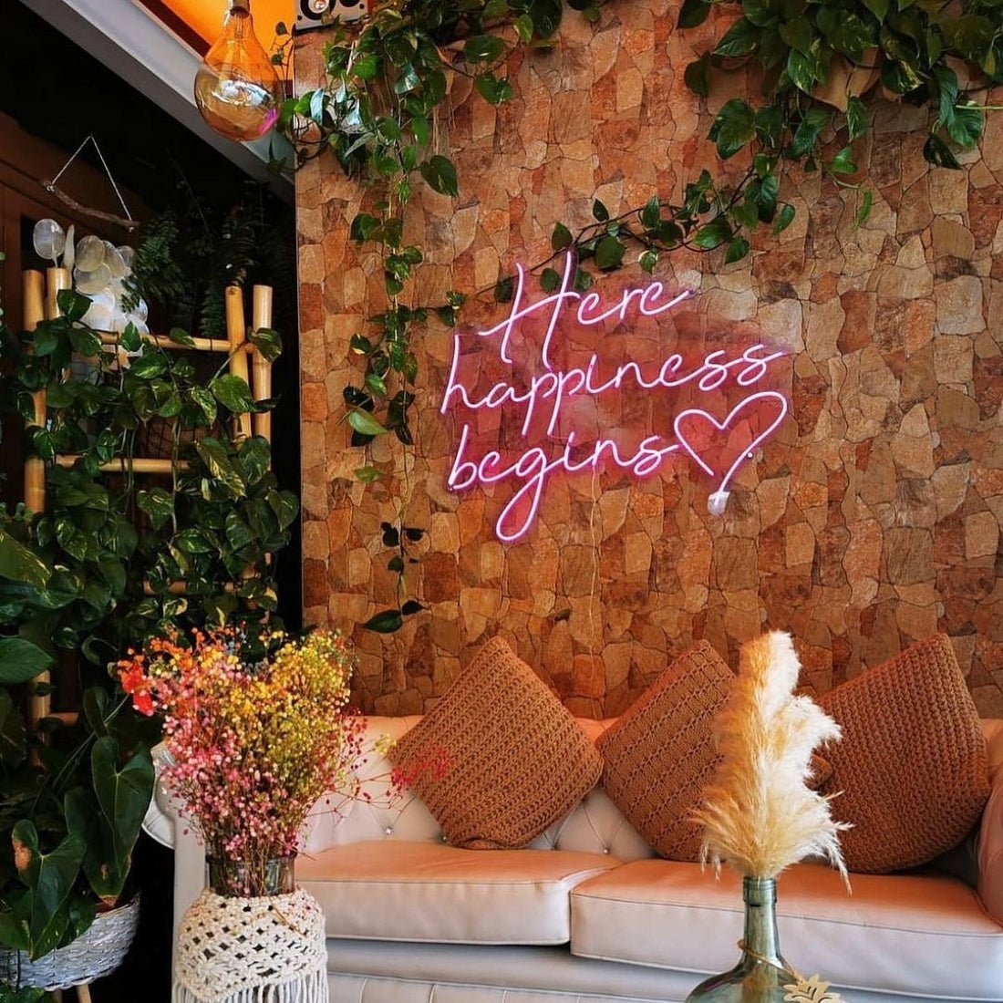 Here Happiness Begins Led Sign Business Neon Sign - Shineneon