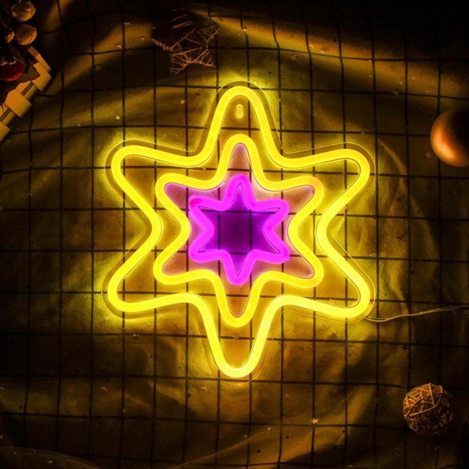Hexagonal Star Yellow Purple Led Neon Sign For Kids Room Cafe Decor - Shineneon