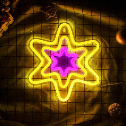 Hexagonal Star Yellow Purple Led Neon Sign For Kids Room Cafe Decor - Shineneon
