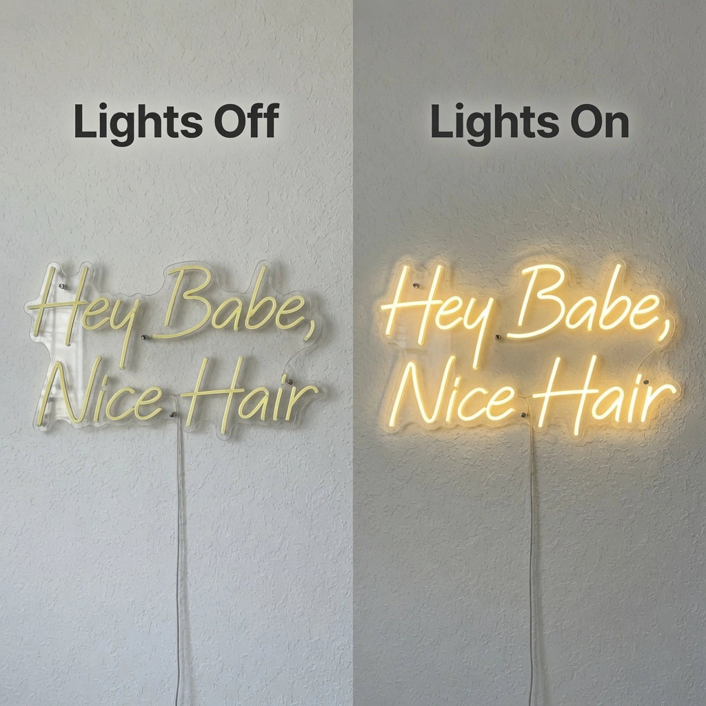 Hey Babe, Nice Hair LED Neon Sign - 06 Day Night Comparison