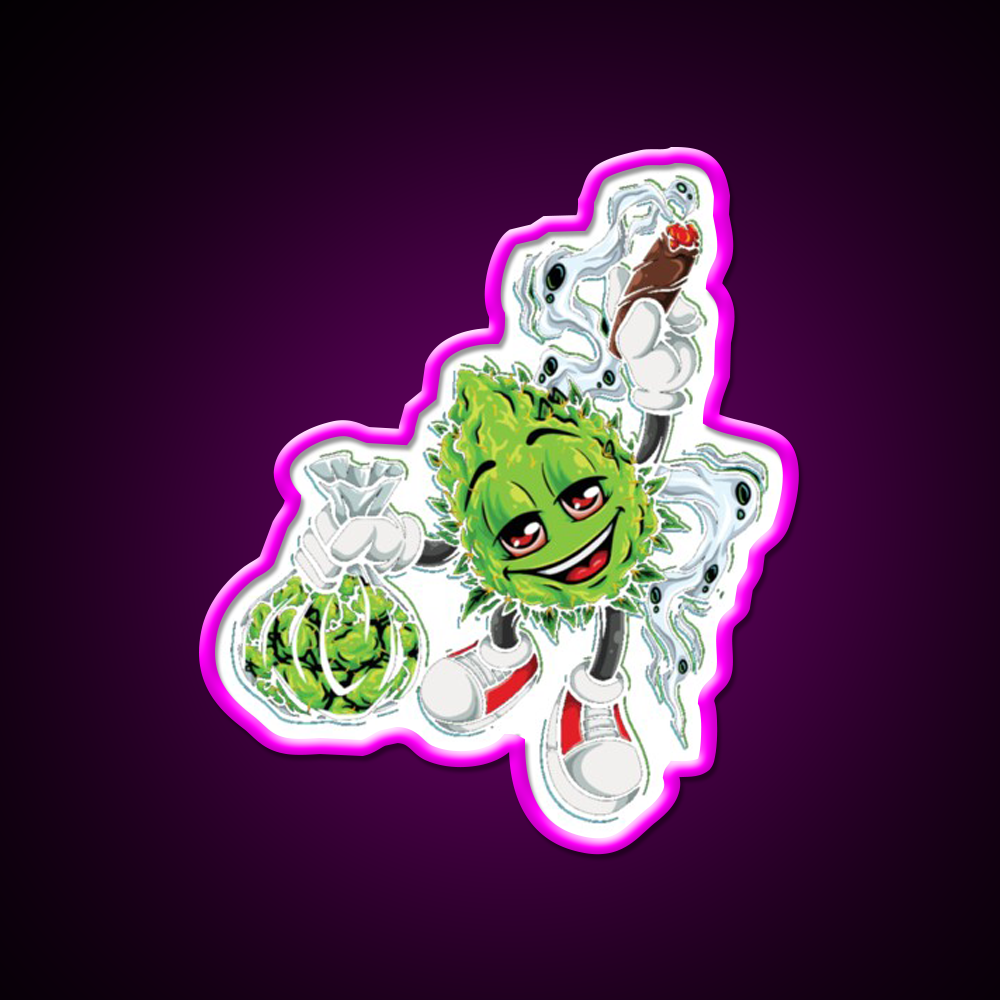 High Life Bud Nugz Happy Hemp Inspired Green Leaf Led Neon Sign Rgb Color - Neon sign mounted on wall in room