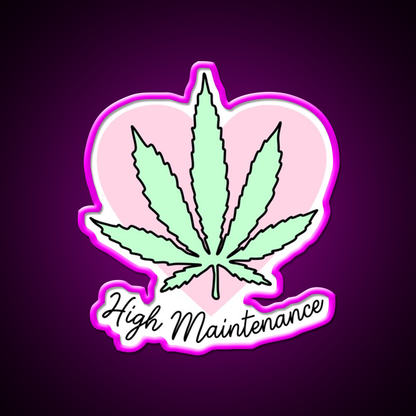 High Maintenance Hemp Inspired Green Leaf Led Neon Sign Rgb Color - Neon sign mounted on wall in room