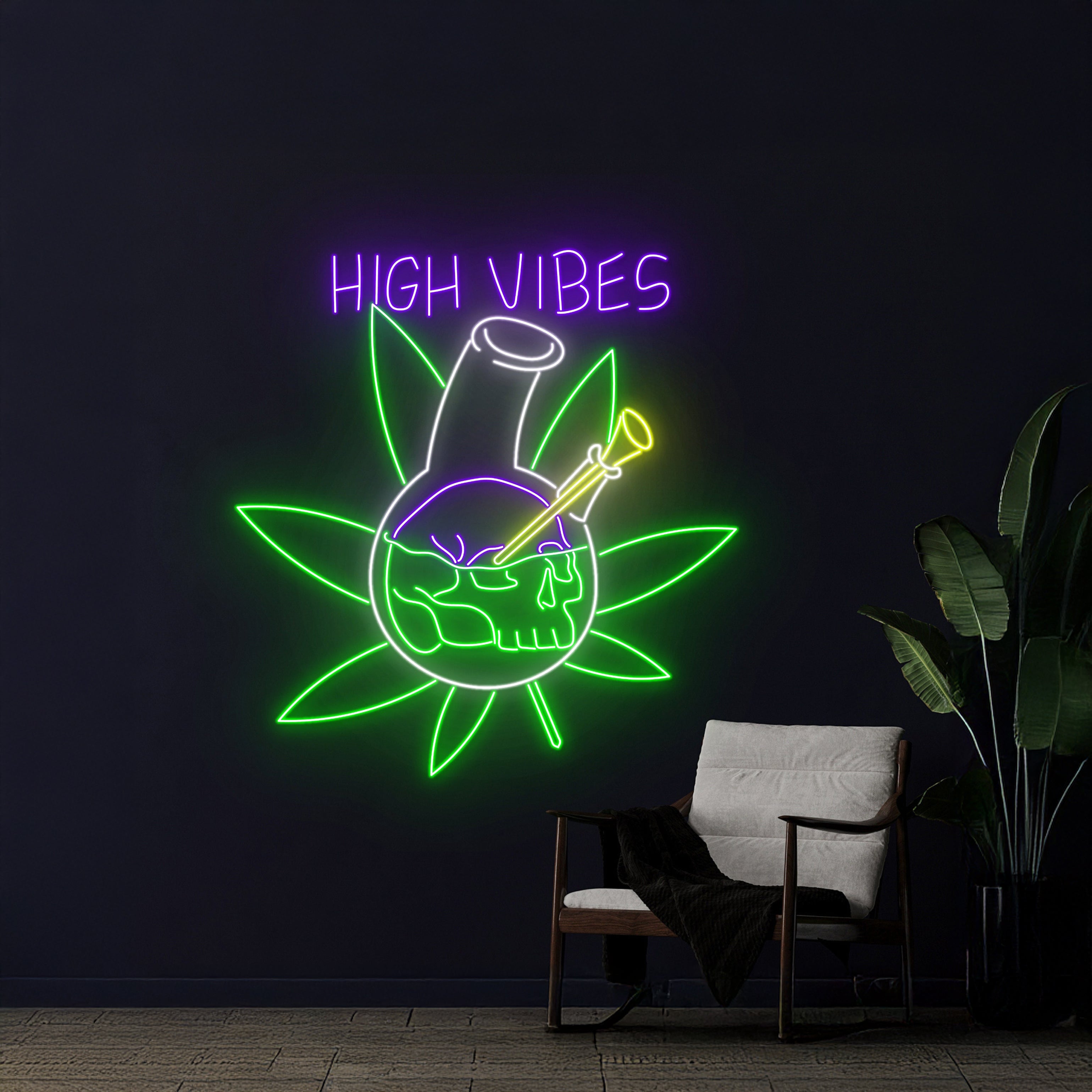 High Vibes Weed Skull Head Led Sign | Shineneon