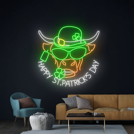 Highland Cow Happy St Patrick Day 3 Leaf Clover Neon Light