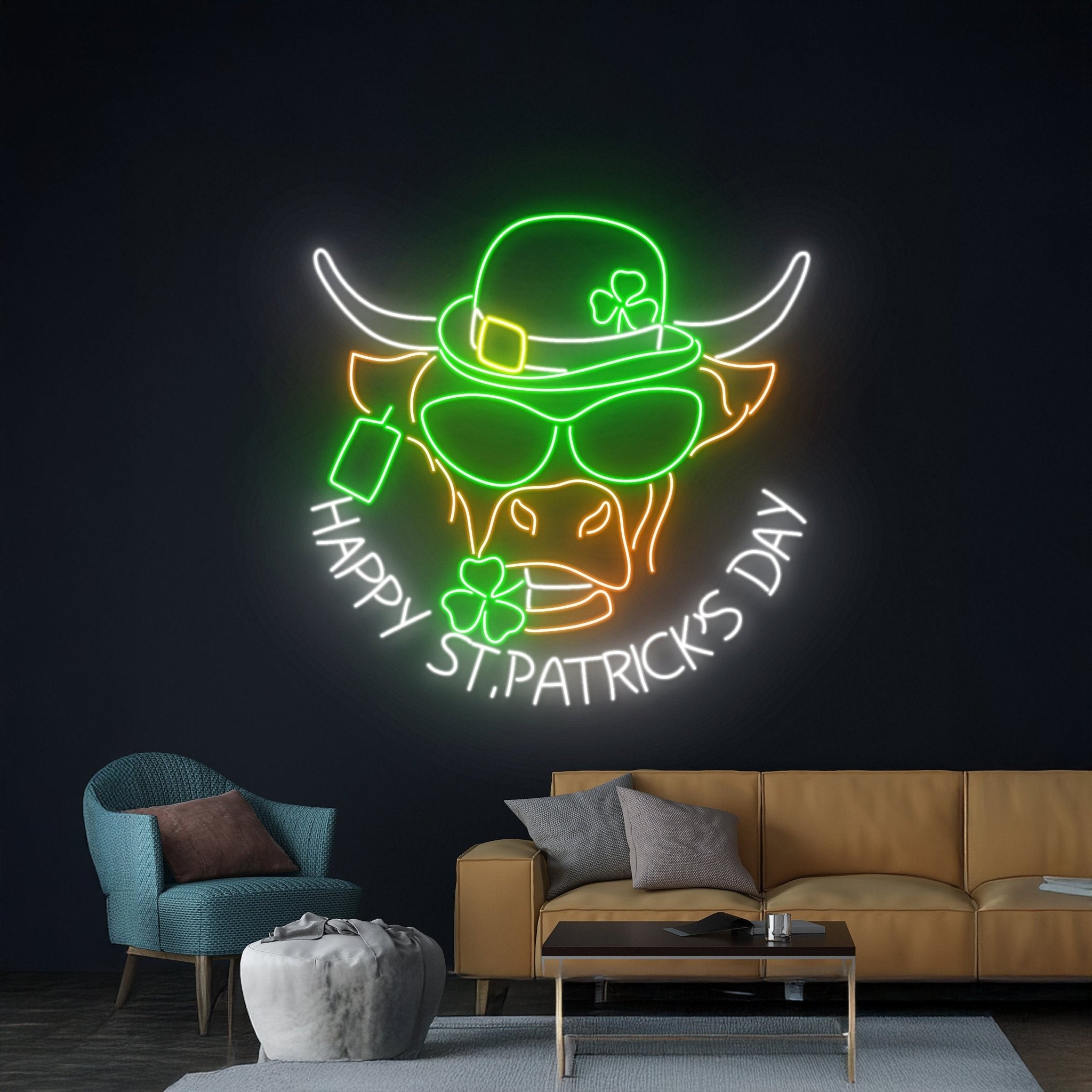 Highland Cow Happy St Patrick Day 3 Leaf Clover Neon Light - Shineneon