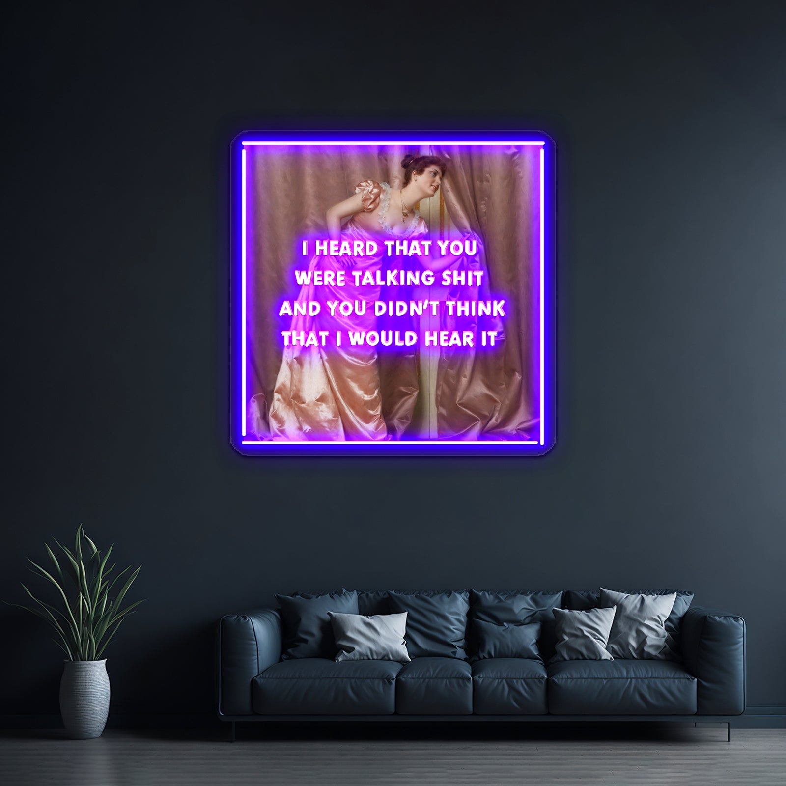 Hollaback Girl Eavesdropping Artwork Large Neon Signs - Neon sign mounted on wall in room
