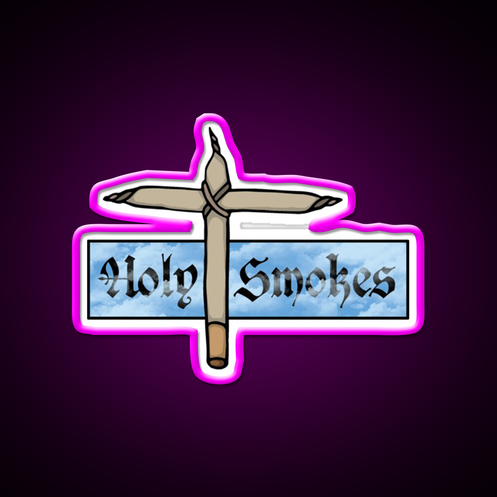 Holy Smokes Hemp Inspired Green Leaf Led Neon Sign Rgb Color - Neon sign mounted on wall in room