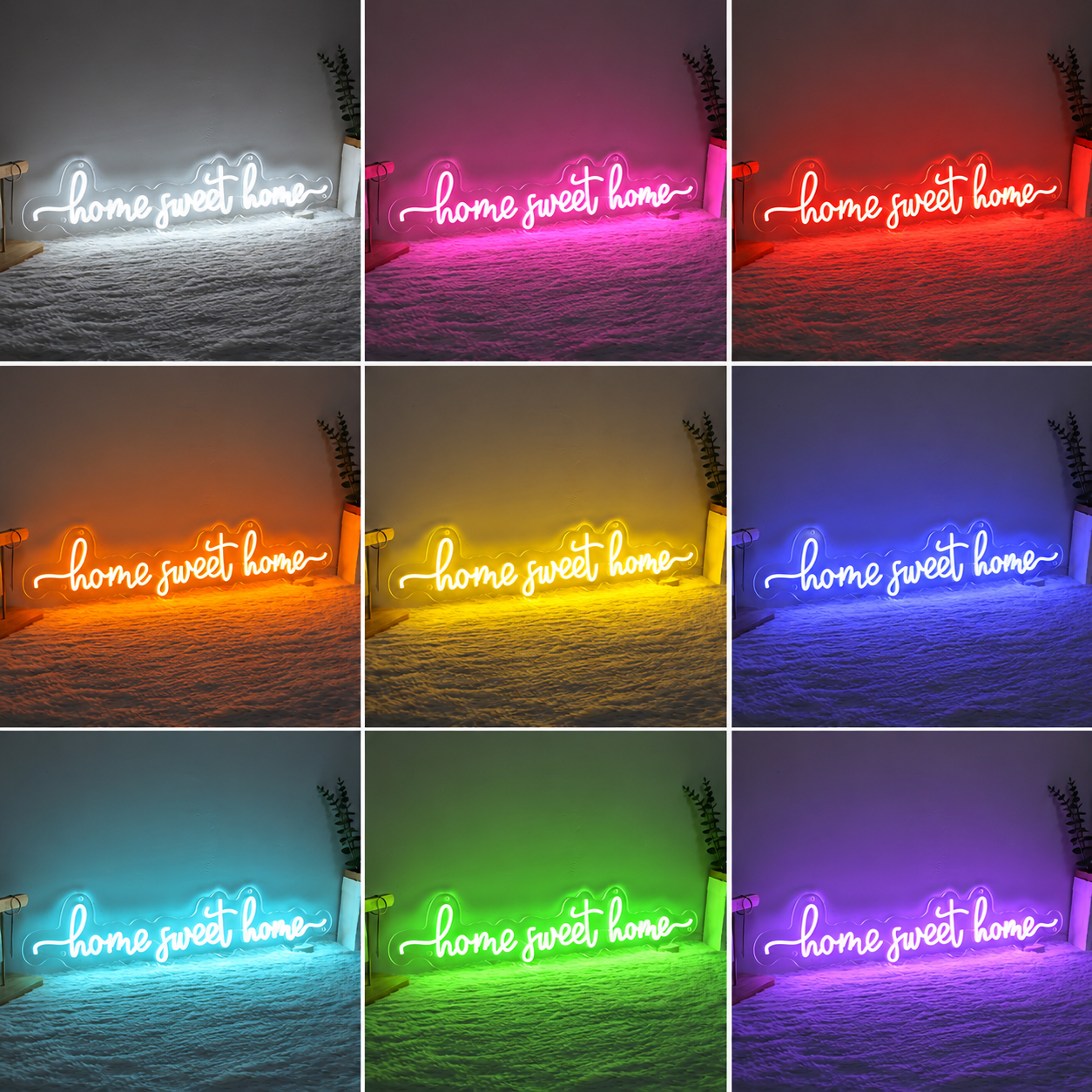 Home Sweet Home Script Bedroom LED Neon Sign Wall Art color grid