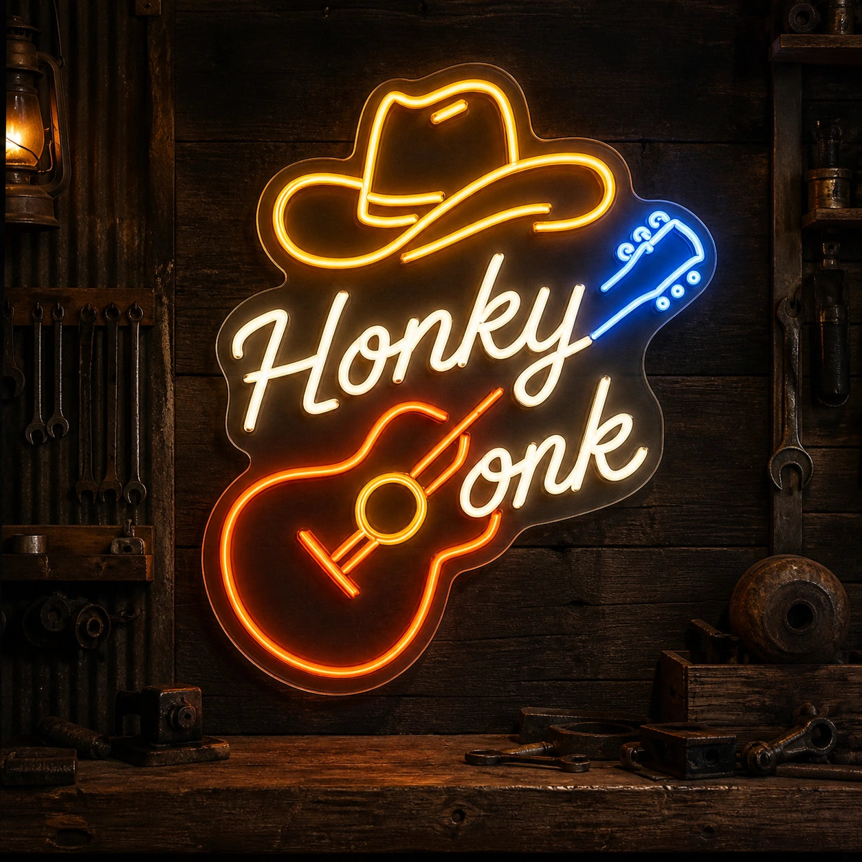 Honky Tonk Cowboy Hat Guitar Garage Neon Sign Vintage LED Neon Sign high-converting product image