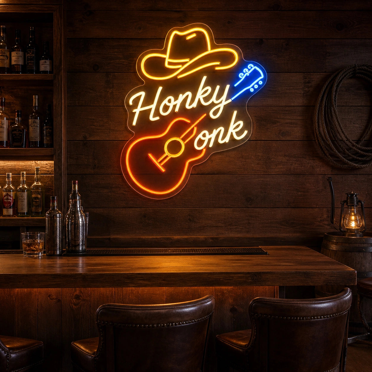 Honky Tonk Cowboy Hat Guitar Garage Neon Sign Vintage LED Neon Sign real lifestyle scene