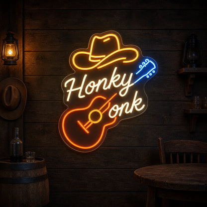 Honky Tonk Cowboy Hat Guitar Garage Neon Sign Vintage LED Neon Sign size image