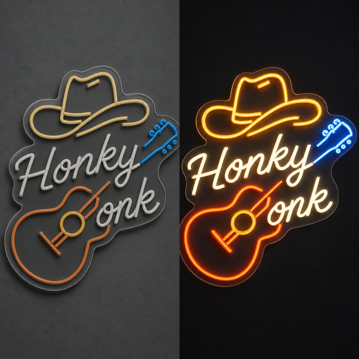 Honky Tonk Cowboy Hat Guitar Garage Neon Sign Vintage LED Neon Sign day and night comparison