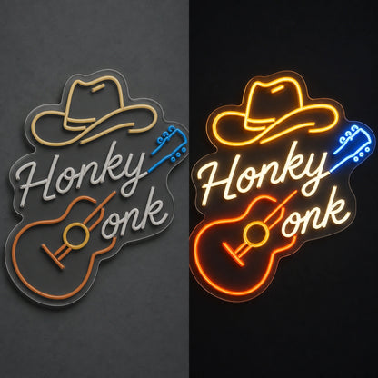 Honky Tonk Cowboy Hat Guitar Garage Neon Sign Vintage LED Neon Sign day and night comparison