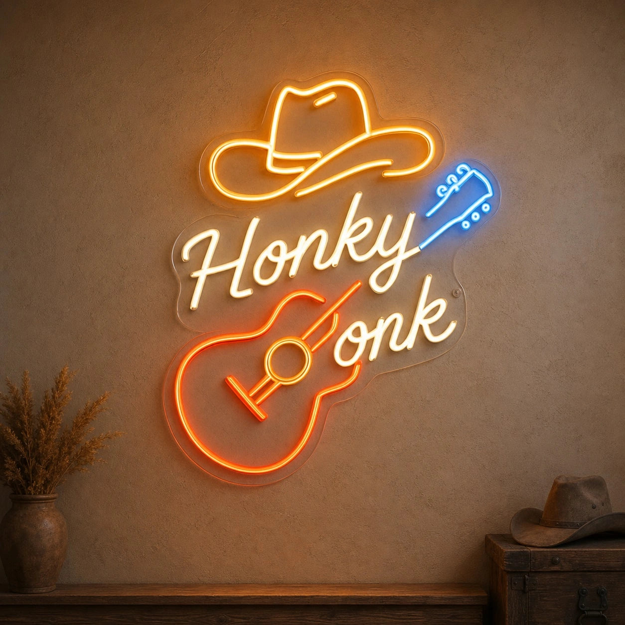 Honky Tonk Guitar And Cowboy Hat LED Neon Sign main product image
