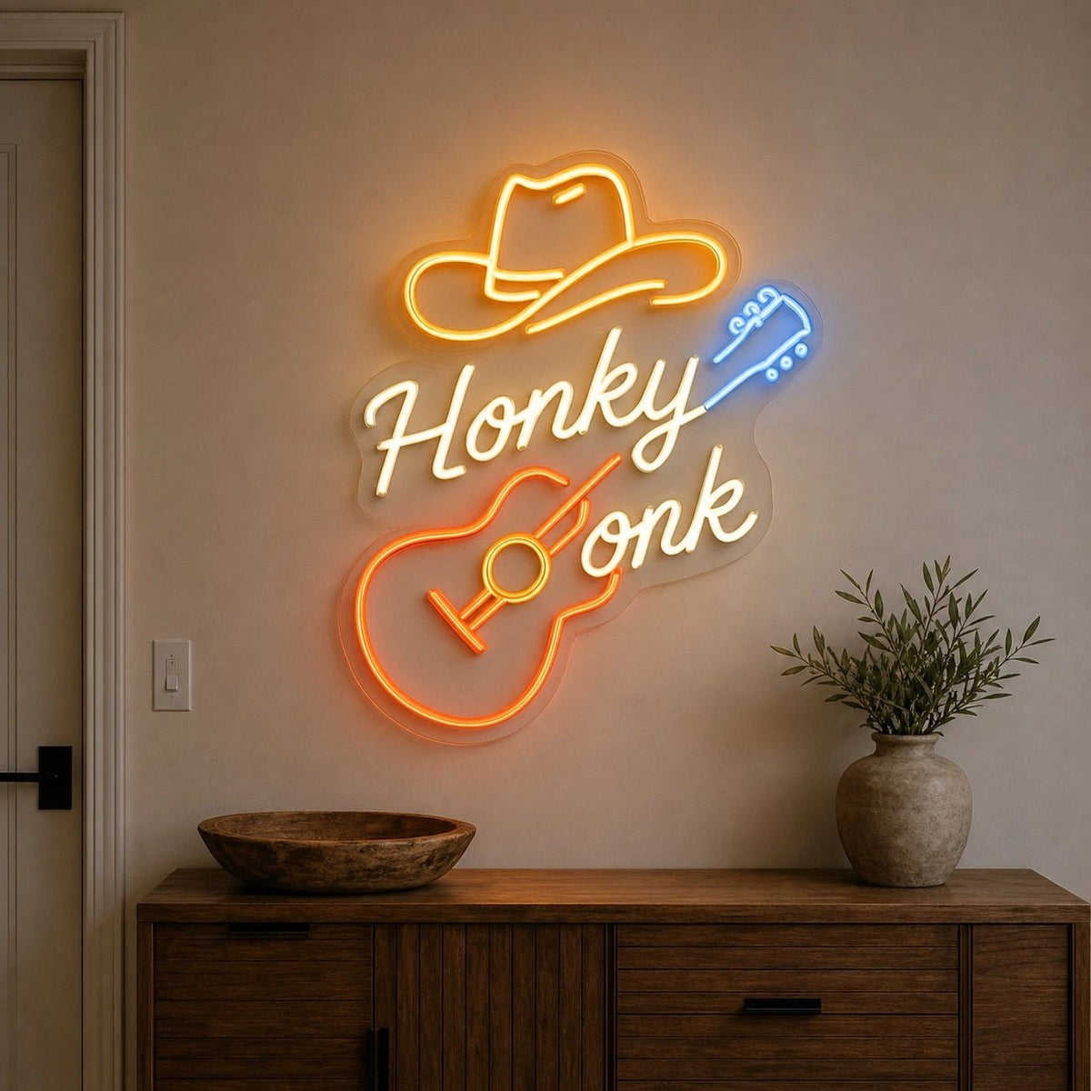Honky Tonk Guitar And Cowboy Hat LED Neon Sign - Shineneon