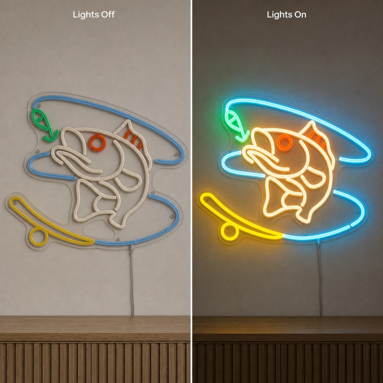 Hooked Bass Fish And Fishing Line LED Neon Sign day and night comparison