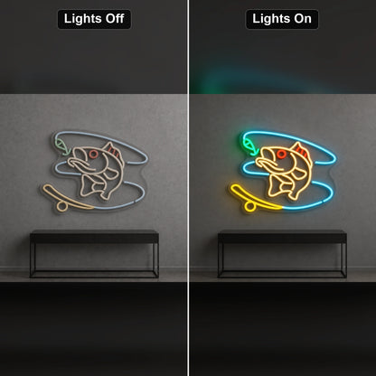 Hooked Bass Fish And Fishing Line LED Neon Sign Garage Neon Sign day and night comparison