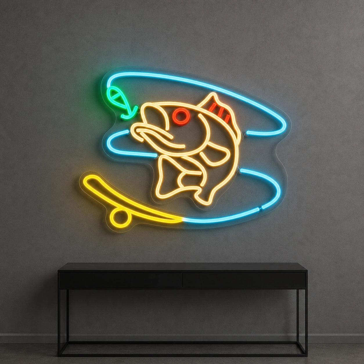 Hooked Bass Fish And Fishing Line LED Neon Sign Home Garage Wall Decoration size image
