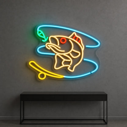 Hooked Bass Fish And Fishing Line LED Neon Sign Home Garage Wall Decoration size image