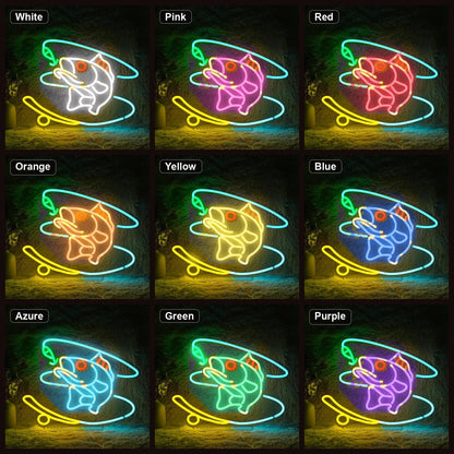 Hooked Bass Fish And Fishing Line LED Neon Sign Home Garage Wall Decoration color grid