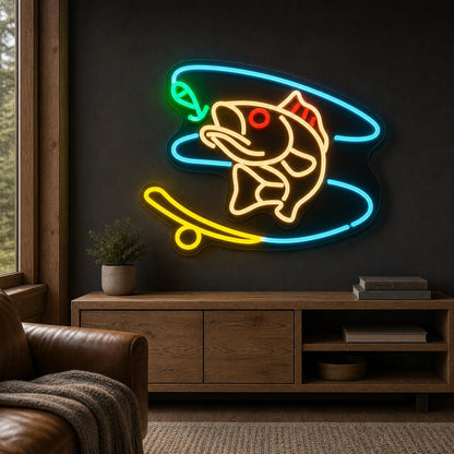 Hooked Bass Fish And Fishing Line LED Neon Sign Home Garage Wall Decoration - Shineneon