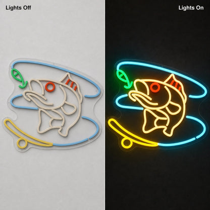 Hooked Bass Fish And Fishing Line LED Neon Sign Man Cave Neon Sign day and night comparison
