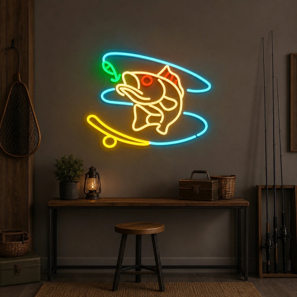 Hooked Bass Fish And Fishing Line LED Neon Sign Man Cave Neon Sign - Shineneon