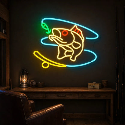 Hooked Bass Fish And Fishing Line LED Neon Sign Man Cave Neon Sign - Shineneon
