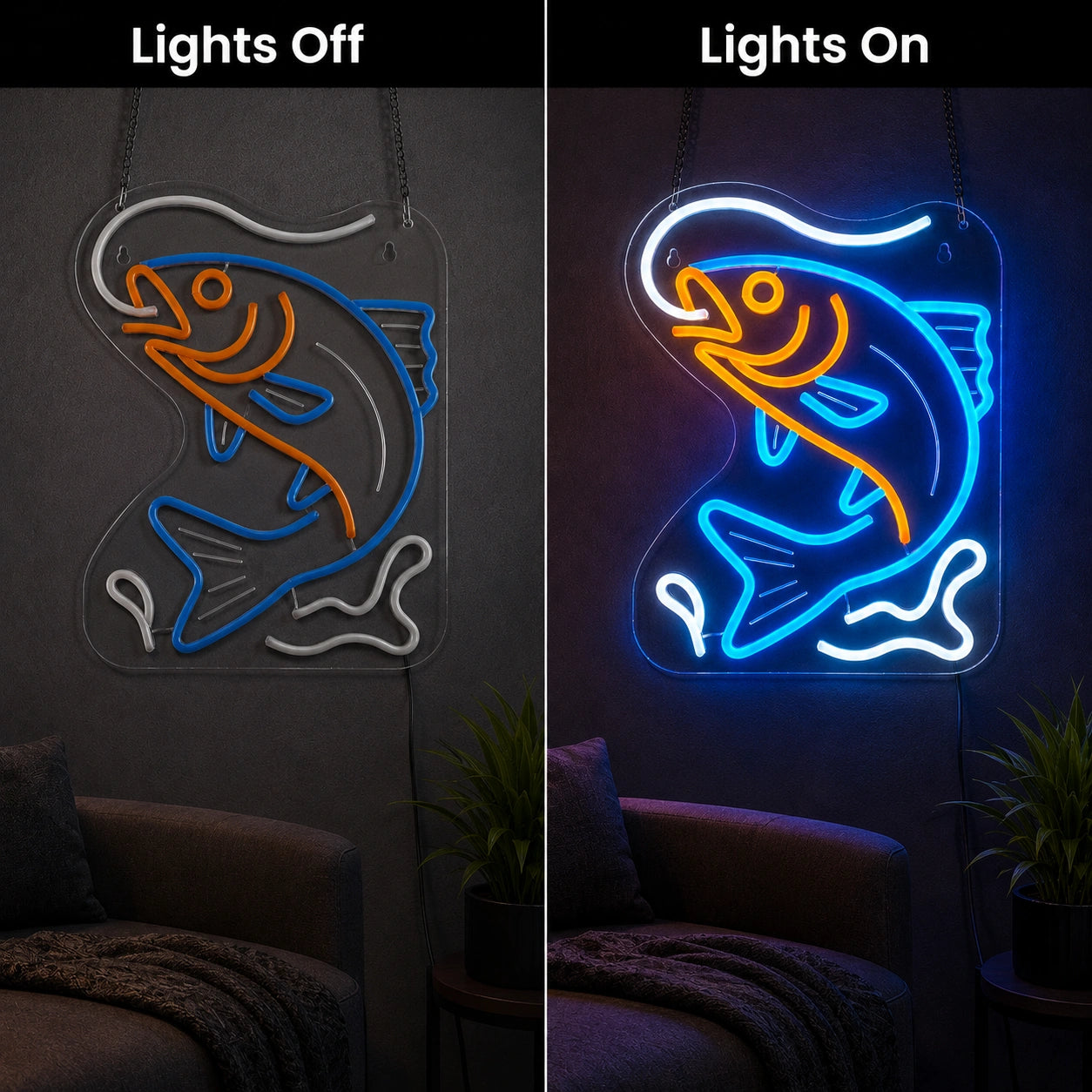 Hooked Bass Fish LED Neon Sign day and night comparison