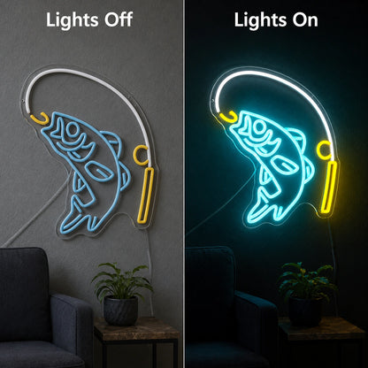 Hooked Fish Fishing Rod LED Neon Sign day and night comparison