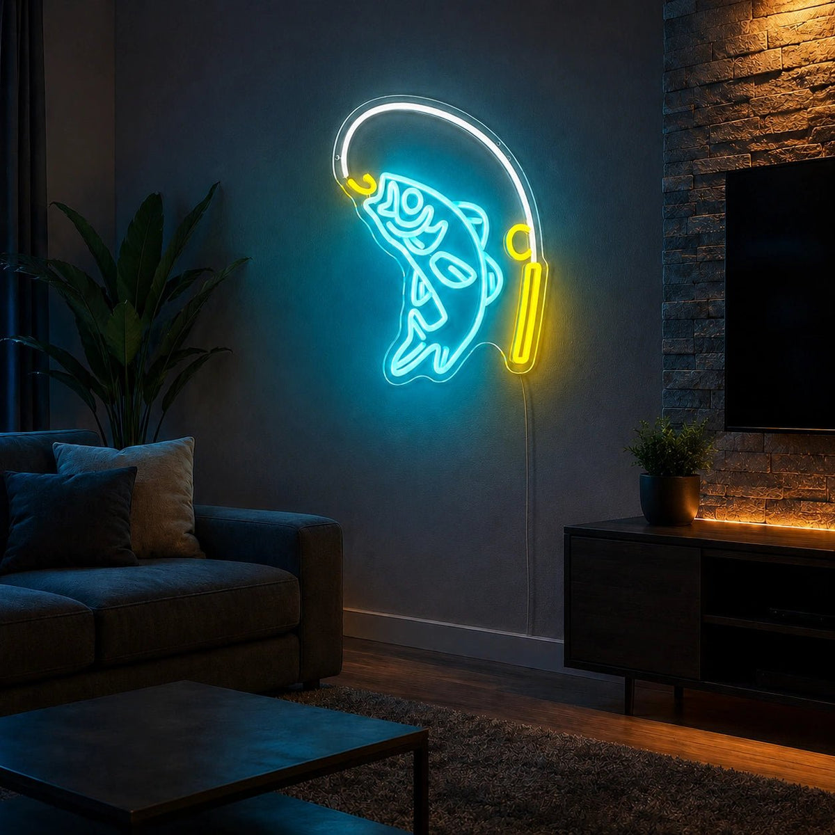 Hooked Fish Fishing Rod LED Neon Sign - Shineneon