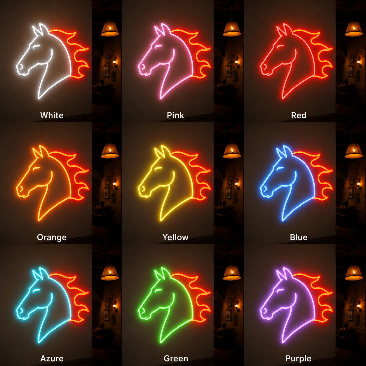 Horse Head LED Neon Sign day and night comparison