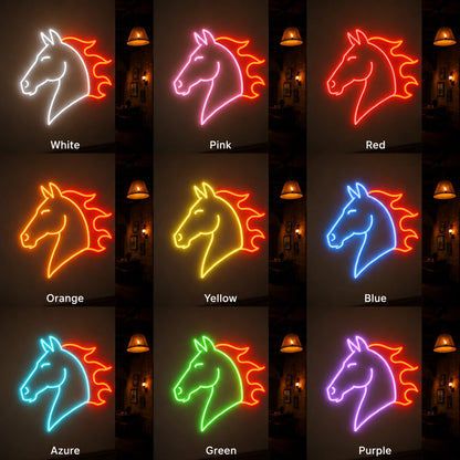 Horse Head LED Neon Sign day and night comparison