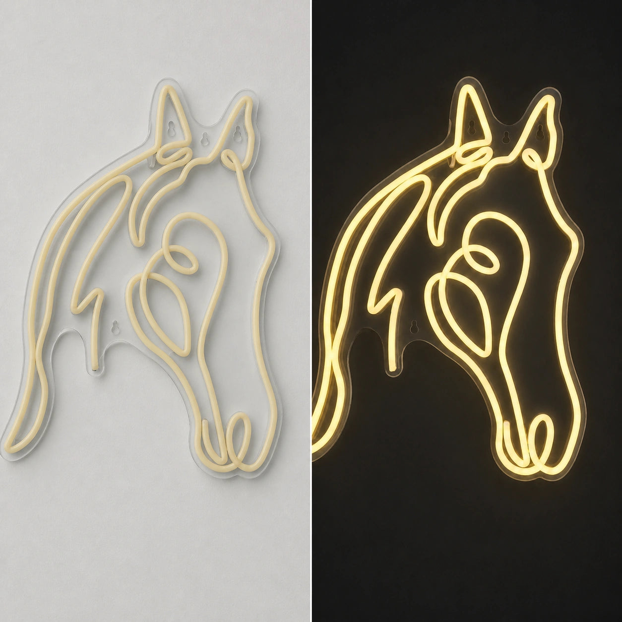 Horse Head Side Profile Vintage LED Neon Sign day and night comparison