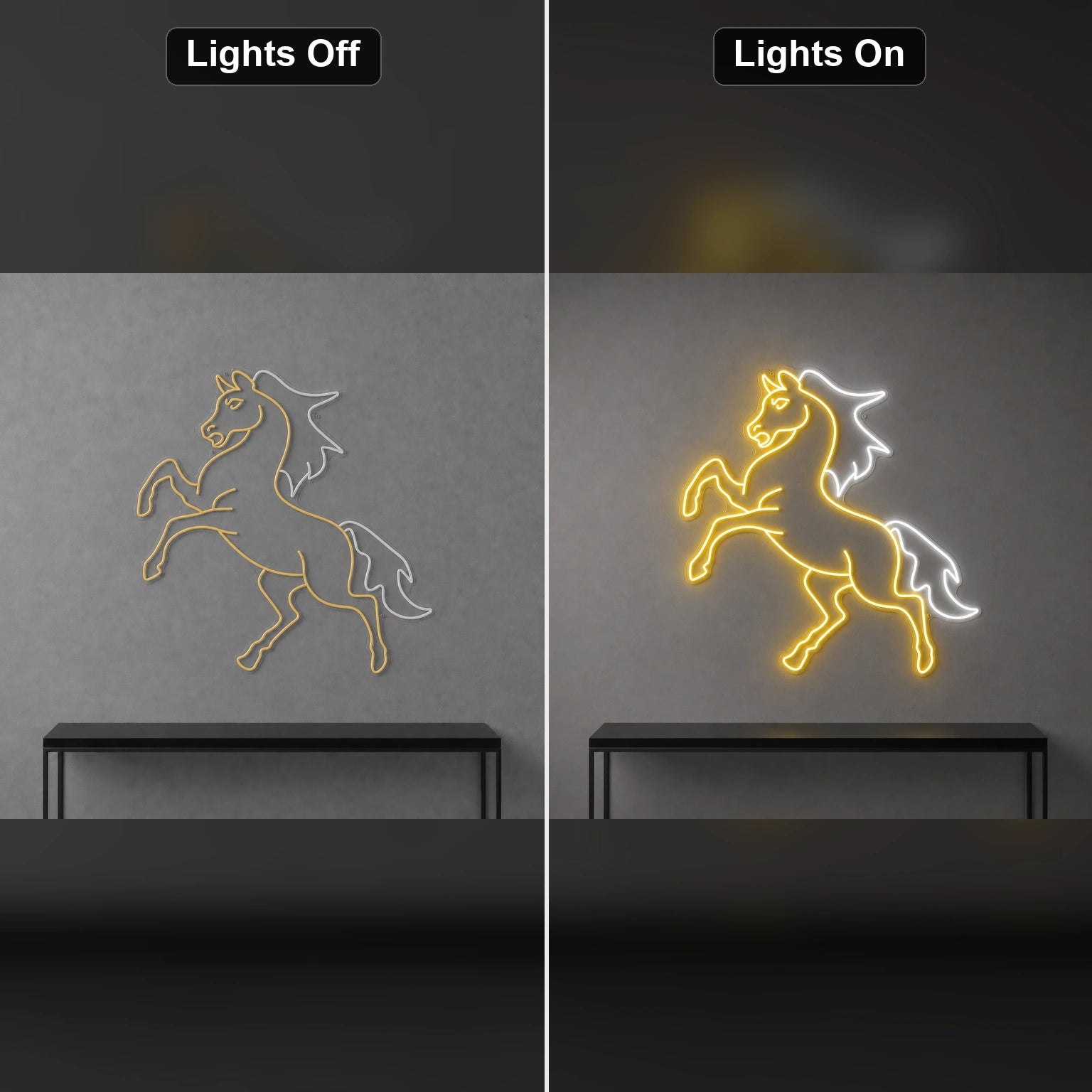 Horse LED Neon Sign Home Garage Wall Decoration day and night comparison