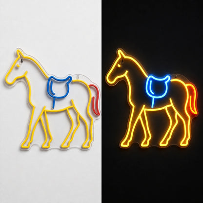 Horse Saddle Vintage LED Neon Sign day and night comparison