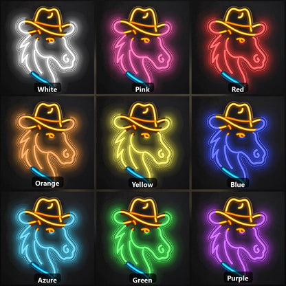 Horse Wearing Cowboy Hat Vintage LED Neon Sign color grid