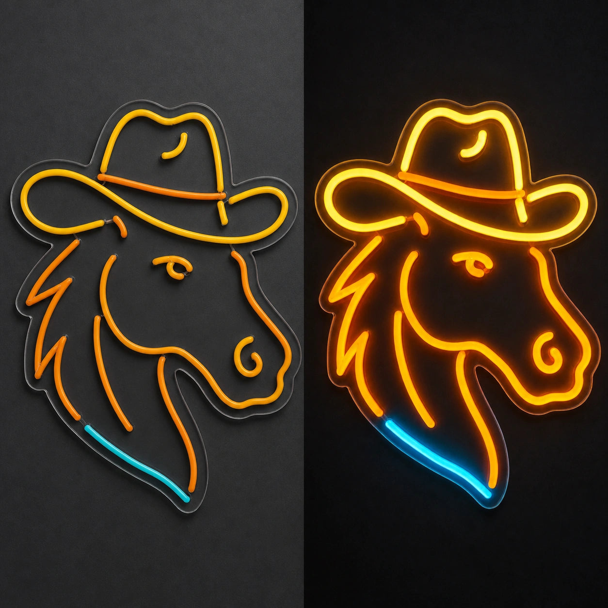 Horse Wearing Cowboy Hat Vintage LED Neon Sign day and night comparison