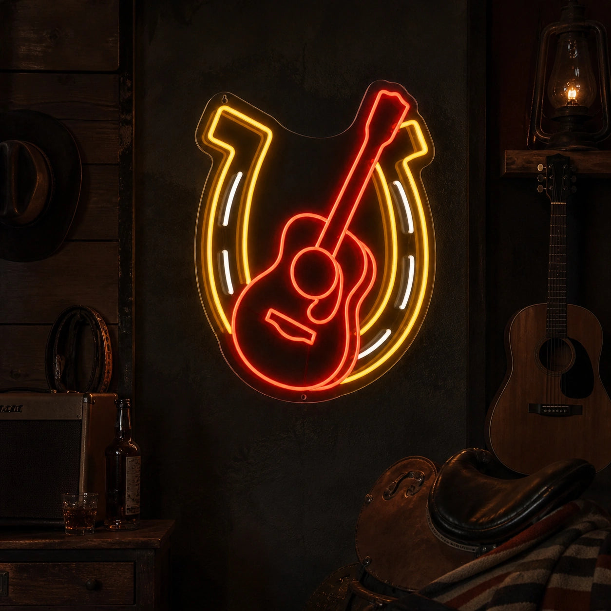 Horseshoe Acoustic Guitar Table Scene Vintage LED Neon Sign high-converting product image