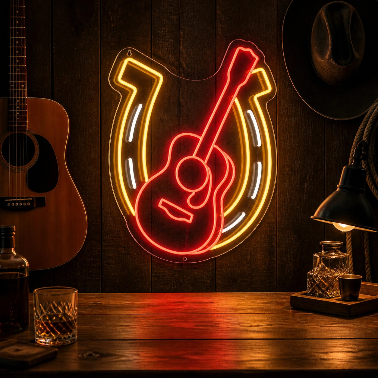 Horseshoe Acoustic Guitar Table Scene Vintage LED Neon Sign real lifestyle scene