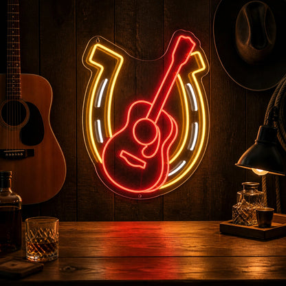 Horseshoe Acoustic Guitar Table Scene Vintage LED Neon Sign real lifestyle scene