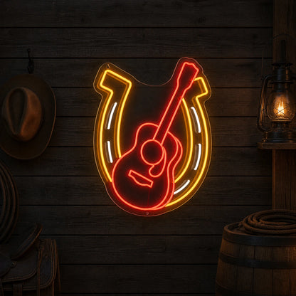Horseshoe Acoustic Guitar Table Scene Vintage LED Neon Sign size image