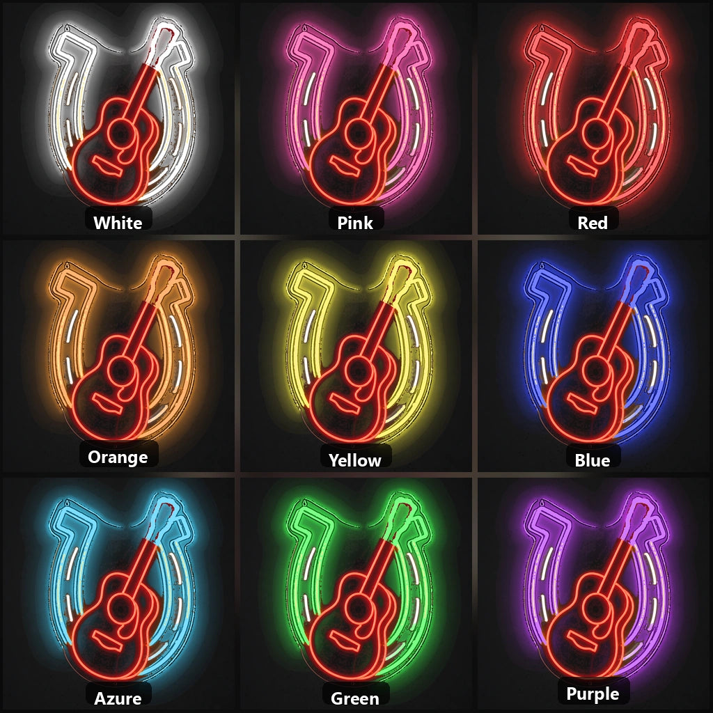 Horseshoe Acoustic Guitar Table Scene Vintage LED Neon Sign color grid
