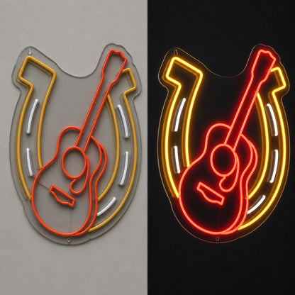 Horseshoe Acoustic Guitar Table Scene Vintage LED Neon Sign day and night comparison