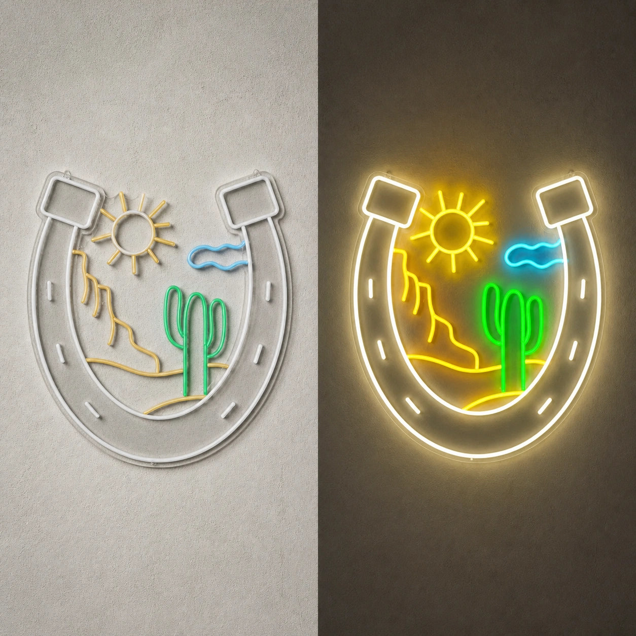 Horseshoe Mountains Cactus Vintage LED Neon Sign day and night comparison