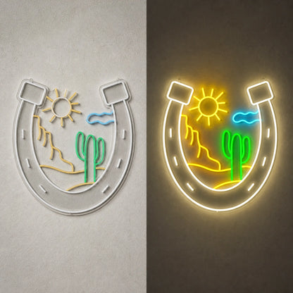 Horseshoe Mountains Cactus Vintage LED Neon Sign day and night comparison