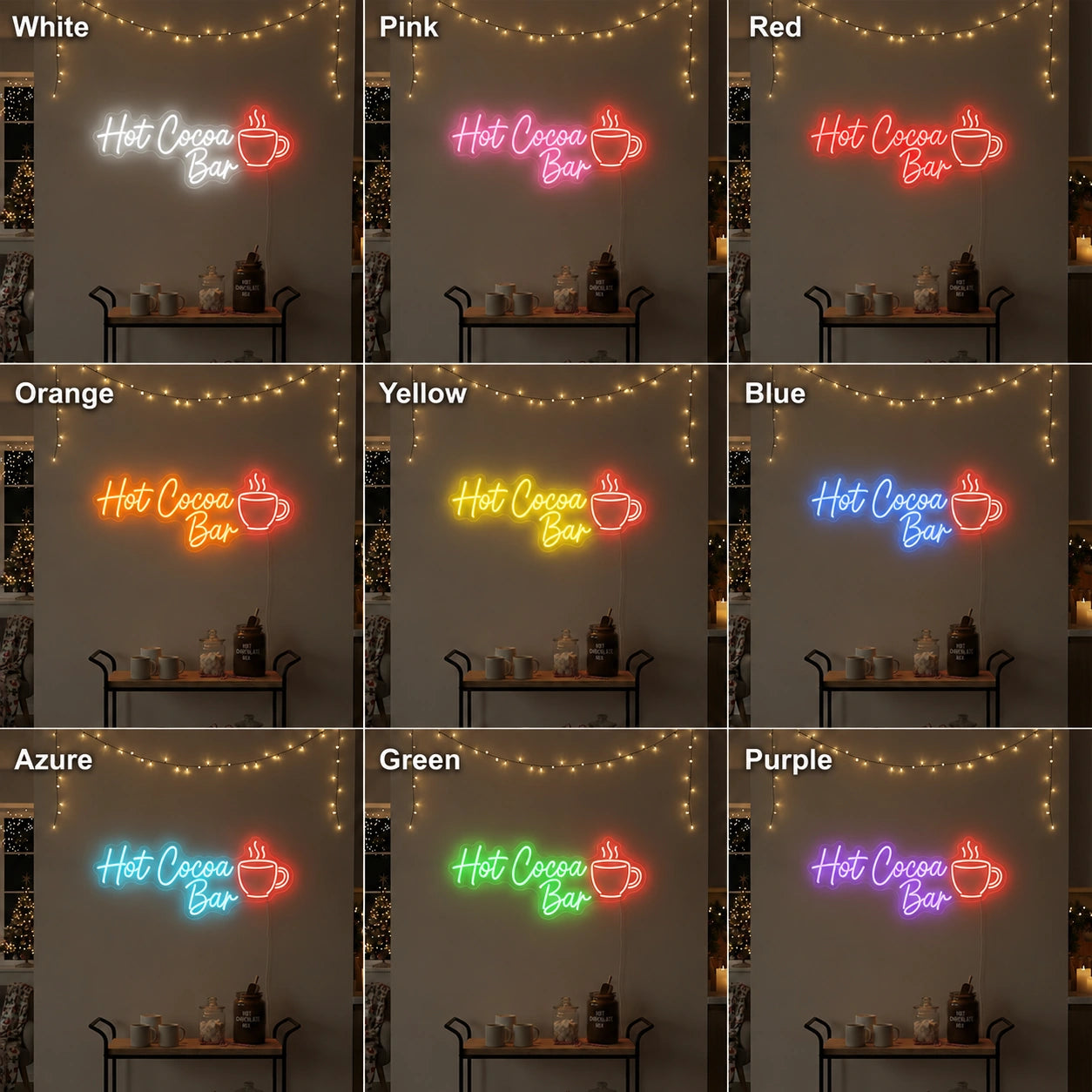 Hot Cocoa Bar LED Neon Sign day and night comparison