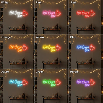 Hot Cocoa Bar LED Neon Sign day and night comparison